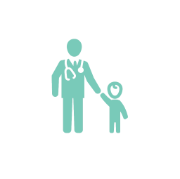 An icon of a doctor leading a child by holding it's hand